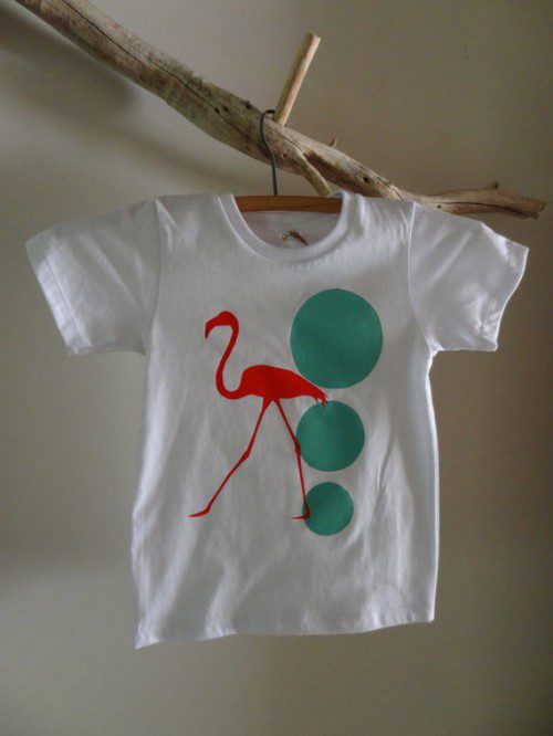Red Flamingo Prints- Red Flamingo Walking Hand Screen Printed Organic Cotton White Children's T-shirt