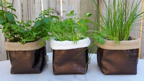 Hessian and faux leather herb fabric pots